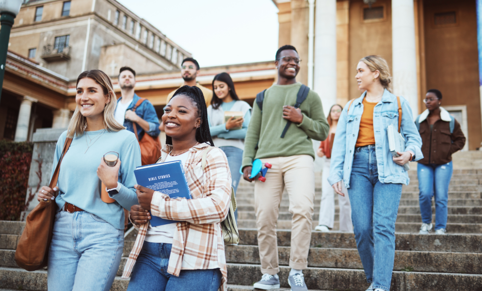 College students walking down steps
